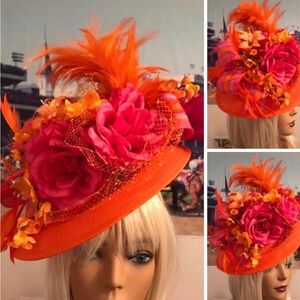 Vibrant Orange & Hot Pink Floral Feather Fascinator Hat